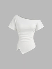 Cotton-blend Asymmetrical Neck Ruched Tee