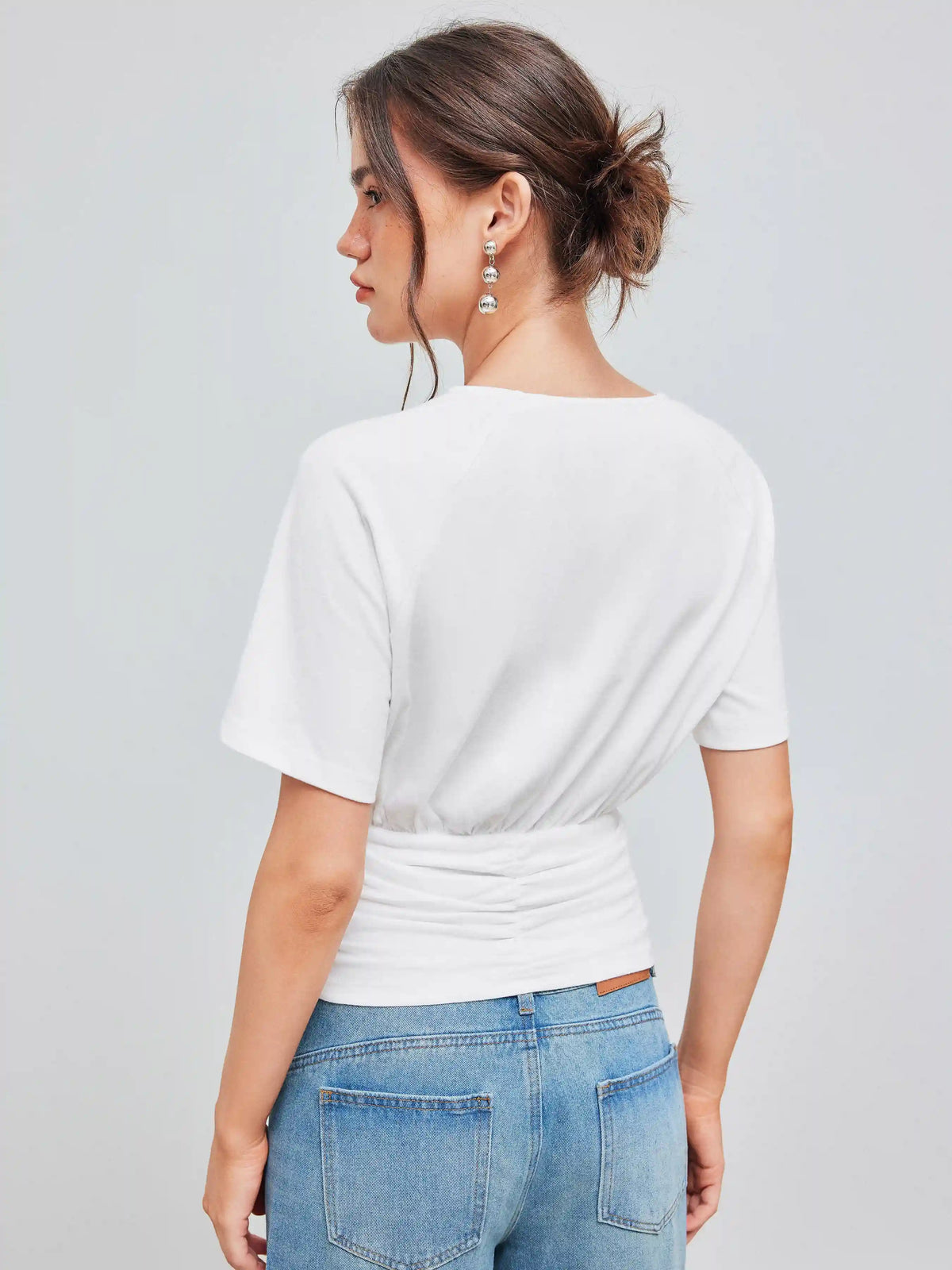 Cotton-blend Round Neck Solid Ruched Short Sleeve Tee