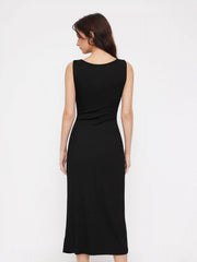 Boat Neck Side Twist Draped Mandarin Midi Dress