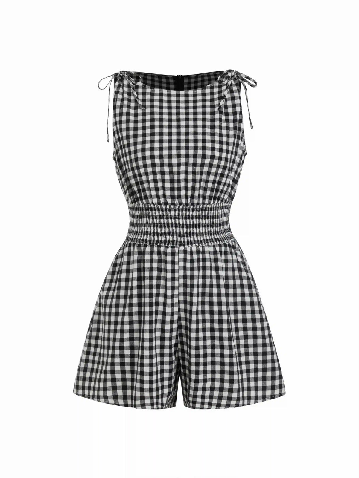 Cotton-blend Gingham Boat Neck Tie Shoulder Shirred Mid Rise Romper