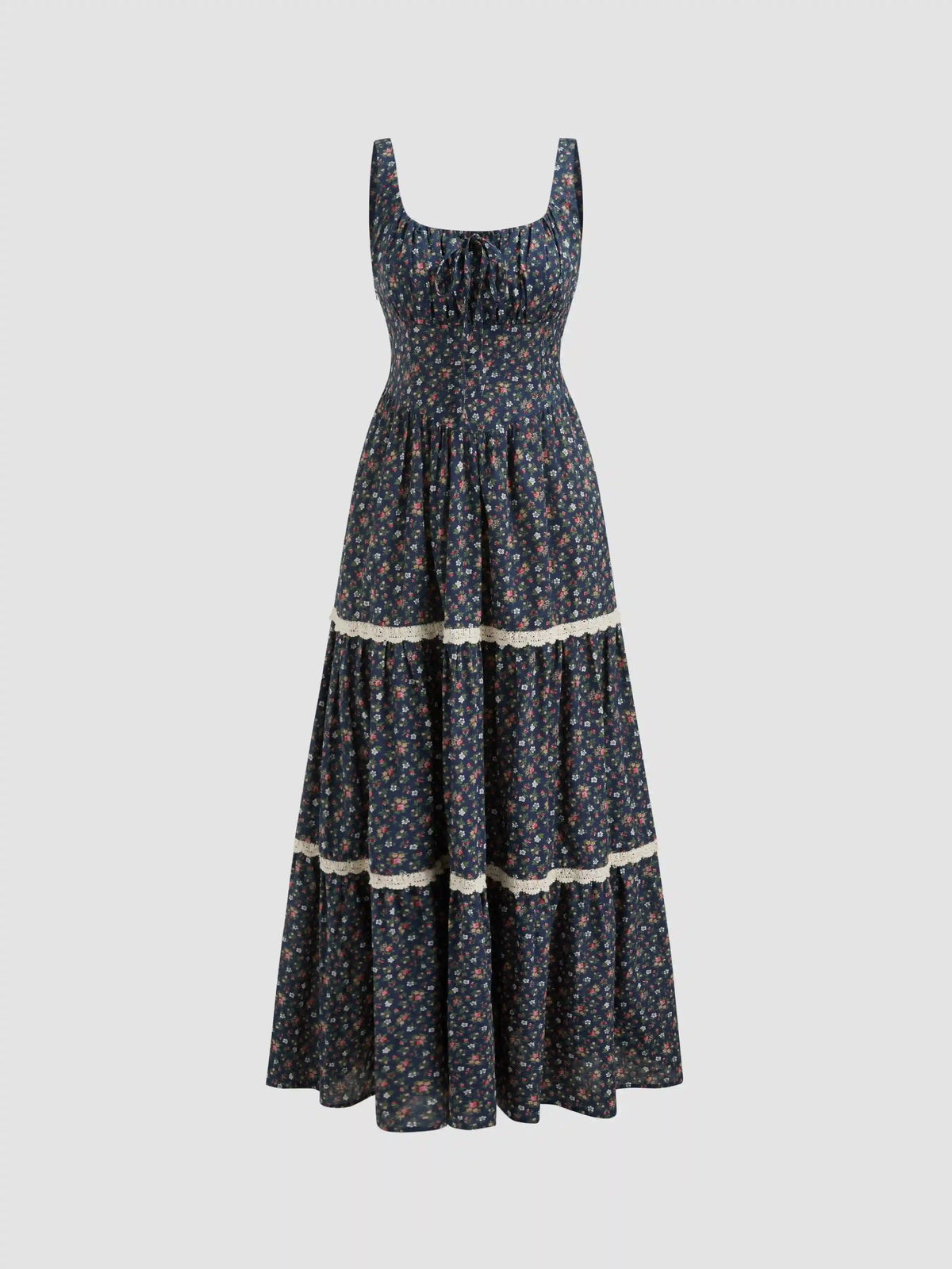 Cotton-blend Scoop Neckline Floral Lace Trim Knotted Tiered Maxi Dress