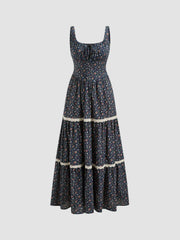 Cotton-blend Scoop Neckline Floral Lace Trim Knotted Tiered Maxi Dress