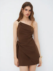 Asymmetrical Neck Metal Detail Draped Mini Dress