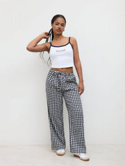 Cotton-blend U-neckline Bowknot Cami Top & High Rise Gingham Wide Leg Trousers Set