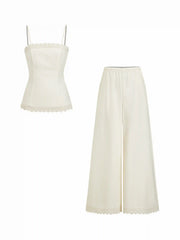 Linen-blend Lace Square Neck Cami Top & Mid Rise Wide Leg Trousers Set