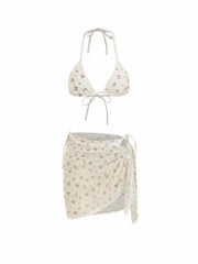 Halter Neckline Floral Lace Trim Triangle Tie Side Bikini Set With Sarong