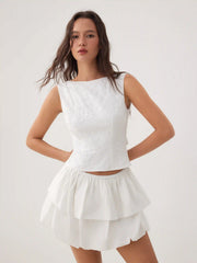 Cotton-blend Textured Boat Neck Bowknot Top & Mid Rise Layered Bubble Mini Skirt Set