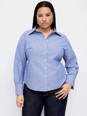 Cotton-blend Striped Collar Twist Knotted Blouse Curve & Plus