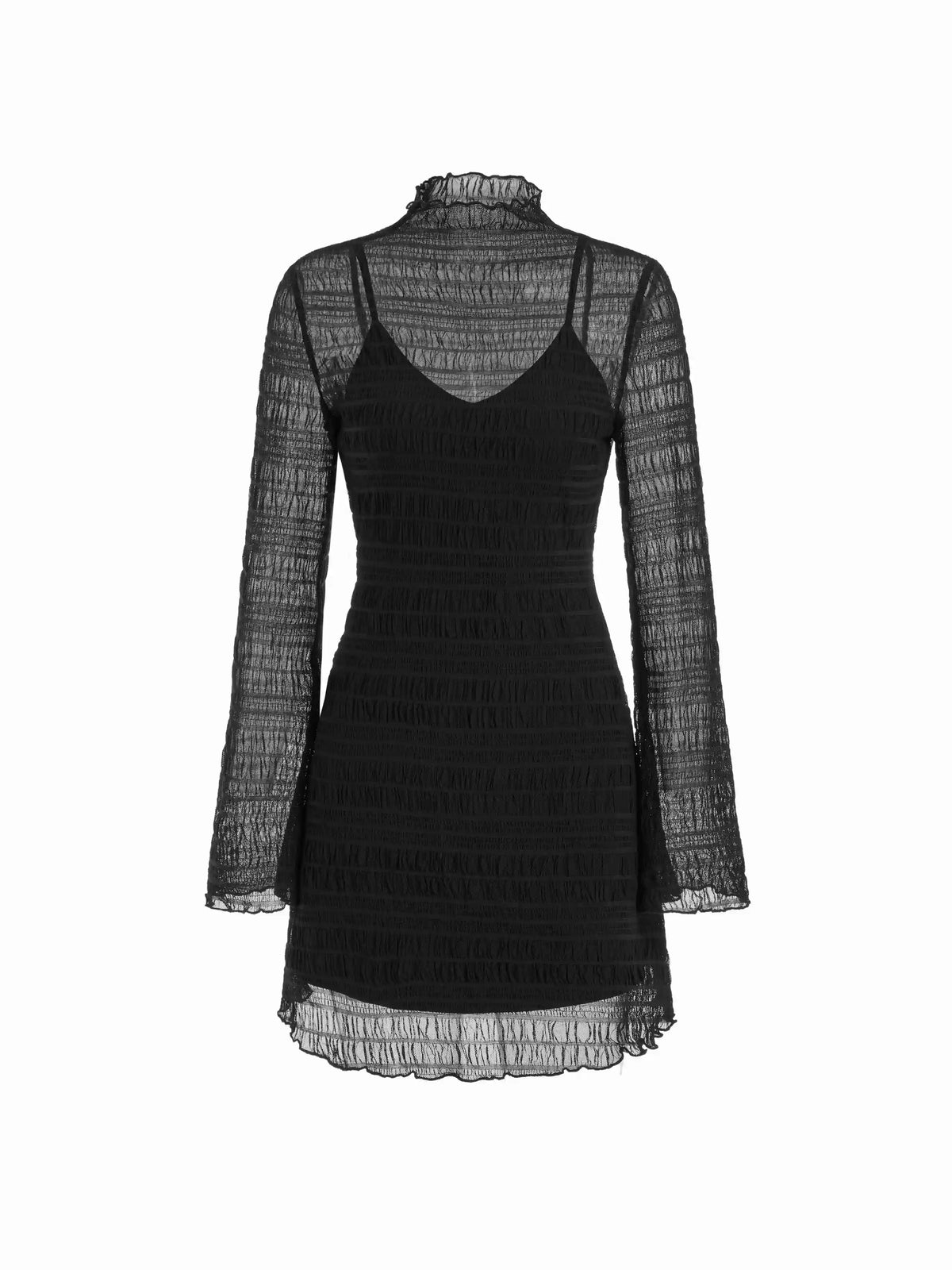 Two Pieces Mesh High Neck Shirred Ruffle Hem Mini Dress & Solid Cami Dress