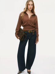 Collar Button Cinched Waist Long Sleeve Top