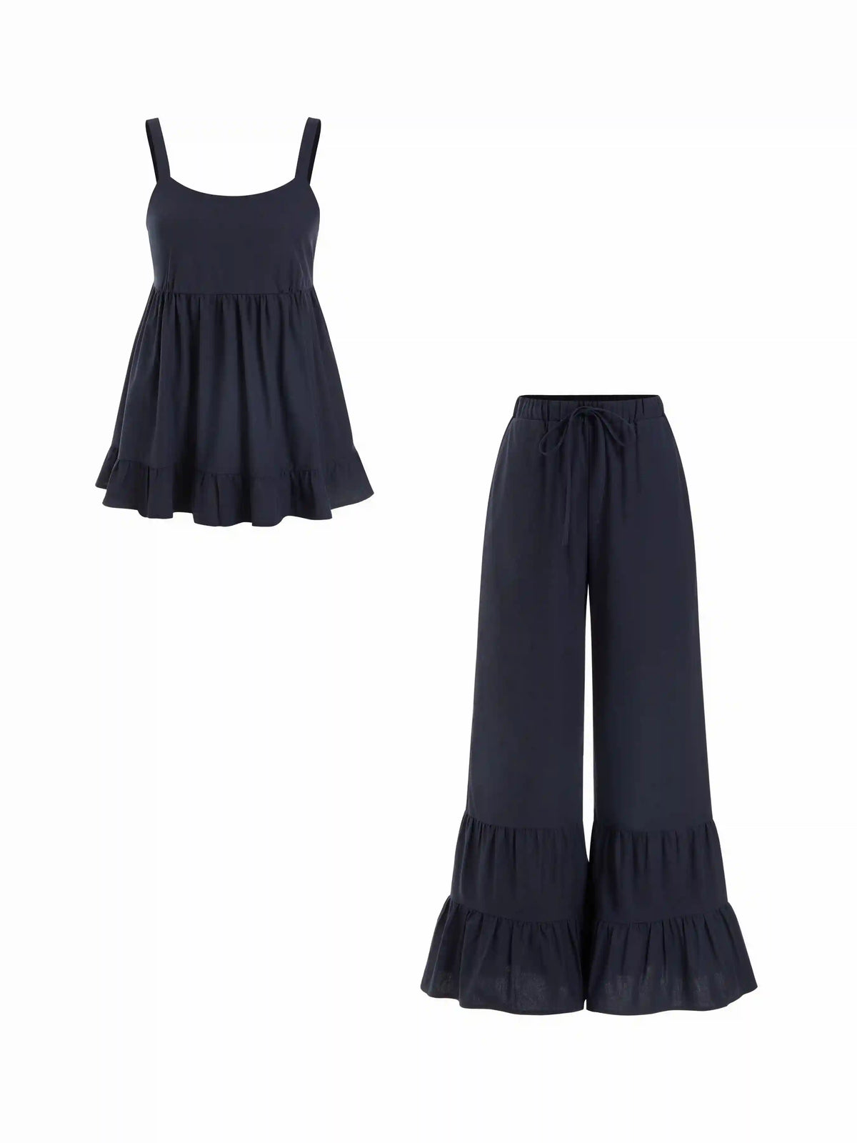Linen-blend Sweetheart Ruffle Cami Top & Mid Rise Wide Leg Trousers Set