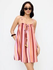 Striped Square Neck Beaded Knotted Lettuce Trim Oversized Mini Dress