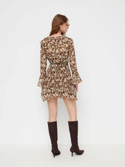 Two Pieces V-neck Floral Ruffle Knotted Mini Dress With Cami Mini Dress