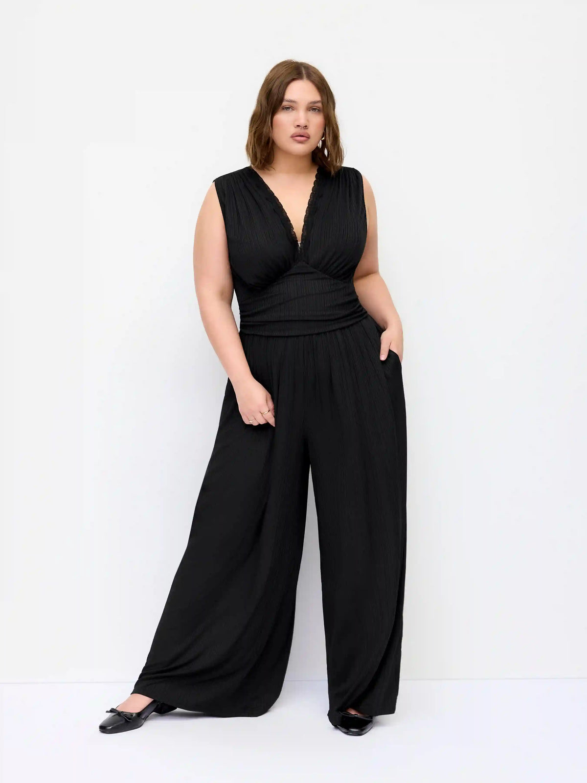 V-neck Lace Trim Ruched Wide Leg Jumpsuit Curve & Plus