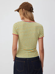 Textured Striped Color-block Scallop Trim Short Sleeve Top