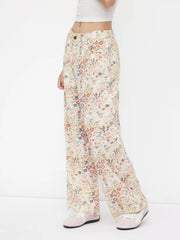 Cotton-blend Floral High Rise Straight Leg Trousers