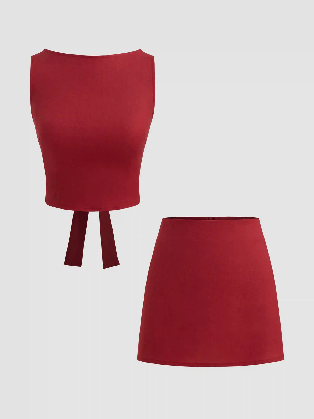 Linen-blend Boat Neckline Solid Knotted Crop Top With Low Rise Solid Mini Skirt