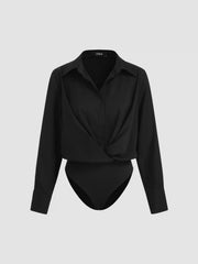 Collar Solid Ruched Long Sleeve Shirt Bodysuit