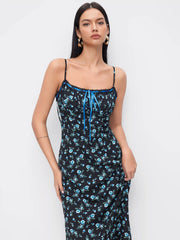 Square Neck Ditsy Floral Bowknot Straight Maxi Dress