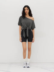Asymmetrical Neck Off-shoulder Knotted Oversized Tee