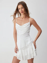 Satin Cowl Neck Lace Ruched Ruffle Hem Mini Dress