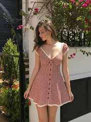 Gingham V-neck Short Sleeve Ruched Lace Trim A-line Mini Dress