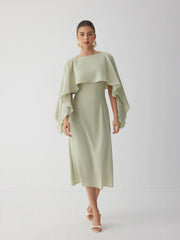 Satin Boat Neck Cloak Sleeve Bolero Flared Maxi Dress