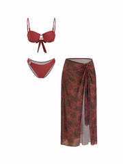 Sweetheart Bead Detail O-Ring Underwire Bikini Set With Paisley Sarong
