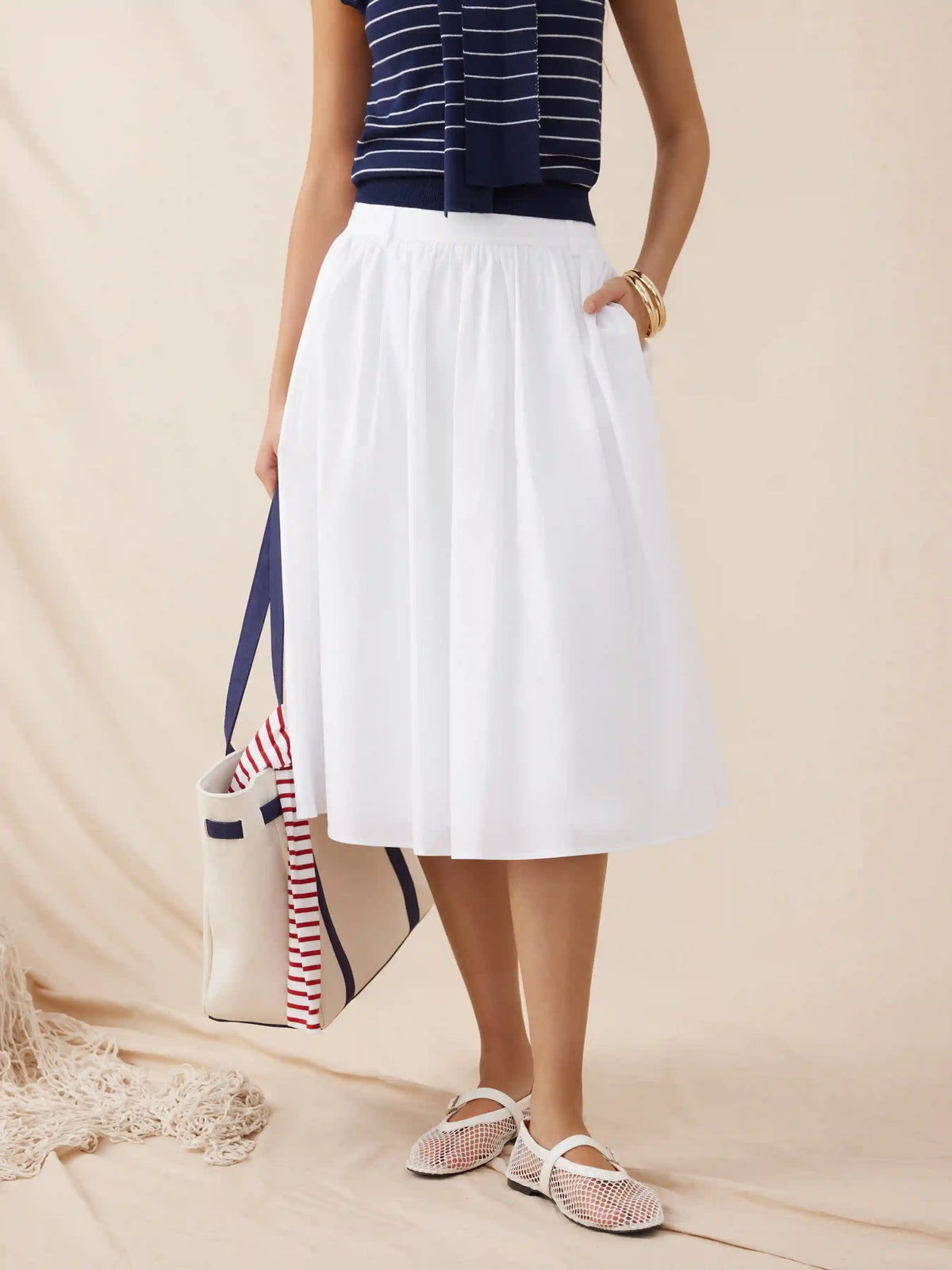 Cotton Mid Rise Draped Pleated Flared Midi Skirt