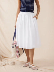 Cotton Mid Rise Draped Pleated Flared Midi Skirt