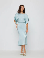 Satin Boat Neck Batwing Sleeve Lace Trim Maxi Dress