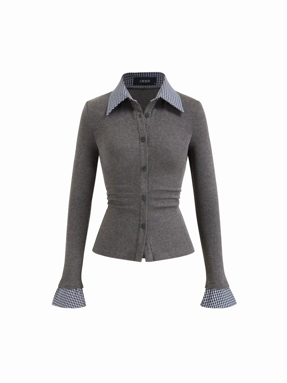 Cotton Plaid Polo Collar Ruched Two Tone Top