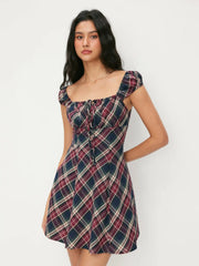 Cotton Plaid Square Neck Puff Sleeve Mini Dress