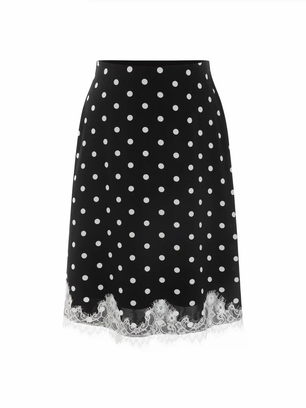 Satin Mid Rise Polka Dot Lace Trim A-line Midi Skirt Curve & Plus