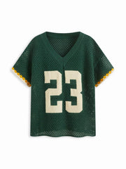 Knit V-neck 23 Graphic Hollow Out Oversized Top