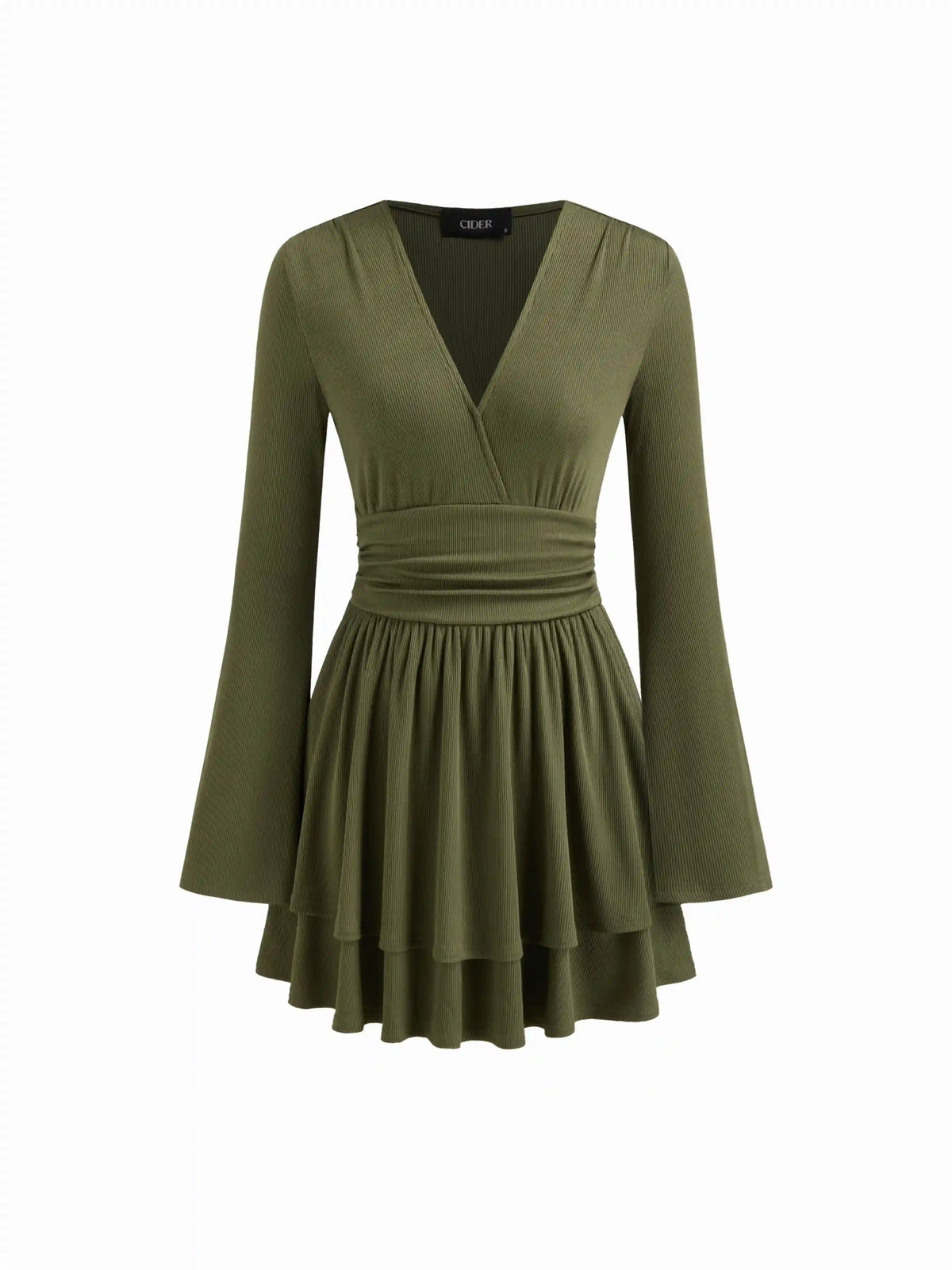 V-neck Ruched Layered Ruffle Hem Mini Dress