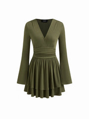 V-neck Ruched Layered Ruffle Hem Mini Dress