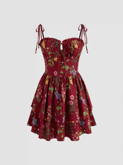 Woven Floral & Fruit Ruffle Hem Knotted Layered Mini Dress
