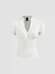 Cotton-blend V-neck Lettuce Trim Short Sleeve Blouse