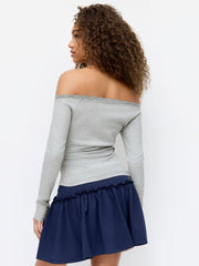 Cotton-blend Off-shoulder Lace Trim Ruched Long Sleeve Top