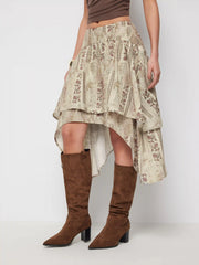 Floral Ruffled Asymmetrical Hem Flared Midi Skirt