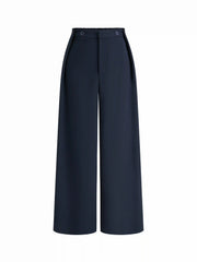 Mid Rise Solid Button Elastic Waist Wide Leg Trousers