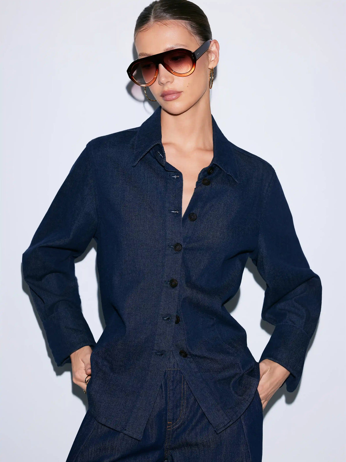 Denim Collar Button Long Sleeve Blouse