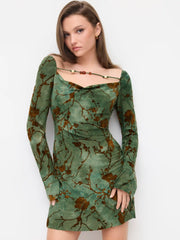 Jacquard Floral Sweetheart Bell Sleeve Mini Dress