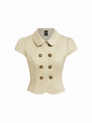 Cotton-blend Peter Pan Collar Puff Sleeve Metal Detail Double Breasted Blouse