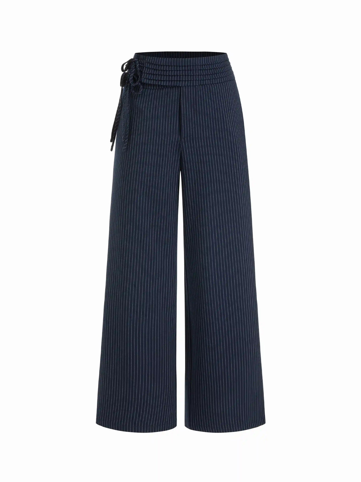 Low Rise Striped Tie Side Ruched Straight Leg Trousers