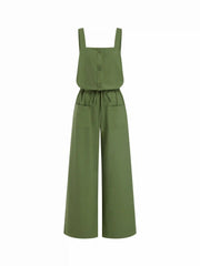 Linen-blend Square Neck Mid Rise Drawstring Oversized Wide Leg Jumpsuit