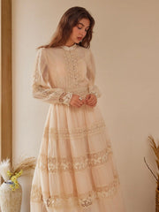 Stand Collar Embroidery Hollow Out Tie Back Knotted Lantern Sleeve Maxi Dress