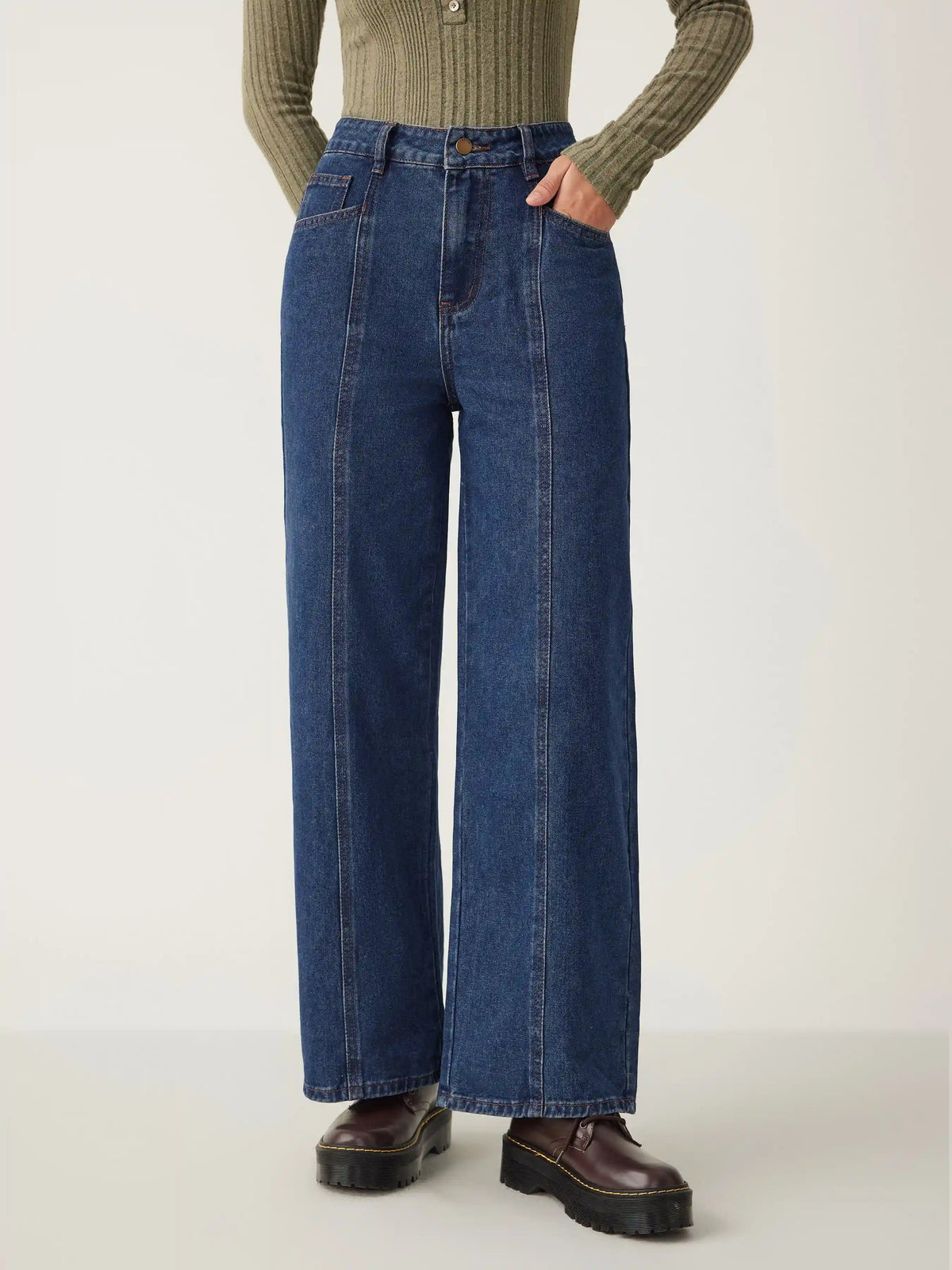 Denim Middle Waist Pleated Straight Leg Jeans