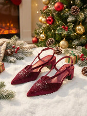 VELVET POINTED TOE SLINGBACK CHUNKY HEELS